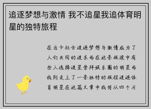 追逐梦想与激情 我不追星我追体育明星的独特旅程